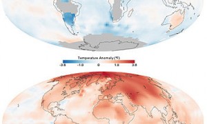 Temperaturas globais na década de 1880 e 1980, comparadas à média no período entre 1951 e 1980. Imagem: Wikipédia.